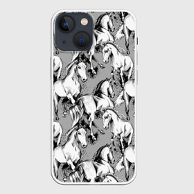 Чехол для iPhone 13 mini с принтом Белые лошади в Тюмени,  |  | animal | black | cool | gray | hooves | horse | illustration | mane | mustang | muzzle | running | speed | tail | white | бег | белый | грива | животное | иллюстрация | копыта | лошадь | мустанг | прикольно | серый | скорость | хвост | черный