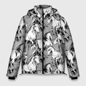 Мужская зимняя куртка 3D с принтом Белые лошади в Тюмени, верх — 100% полиэстер; подкладка — 100% полиэстер; утеплитель — 100% полиэстер | длина ниже бедра, свободный силуэт Оверсайз. Есть воротник-стойка, отстегивающийся капюшон и ветрозащитная планка. 

Боковые карманы с листочкой на кнопках и внутренний карман на молнии. | animal | black | cool | gray | hooves | horse | illustration | mane | mustang | muzzle | running | speed | tail | white | бег | белый | грива | животное | иллюстрация | копыта | лошадь | мустанг | прикольно | серый | скорость | хвост | черный