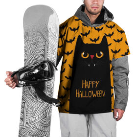 Накидка на куртку 3D с принтом Happy Halloween в Тюмени, 100% полиэстер |  | Тематика изображения на принте: autumn | bat | black | cat | eyes | fangs | halloween | holiday | horror | horrors | mouse | yellow | глаза | желтый | жуть | клыки | кот | летучая | мышь | осень | праздник | ужасы | хэллоуин | черный