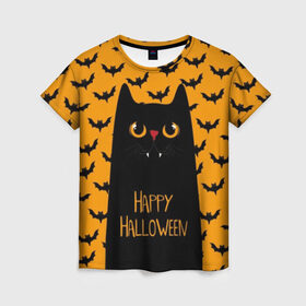 Женская футболка 3D с принтом Happy Halloween в Тюмени, 100% полиэфир ( синтетическое хлопкоподобное полотно) | прямой крой, круглый вырез горловины, длина до линии бедер | autumn | bat | black | cat | eyes | fangs | halloween | holiday | horror | horrors | mouse | yellow | глаза | желтый | жуть | клыки | кот | летучая | мышь | осень | праздник | ужасы | хэллоуин | черный
