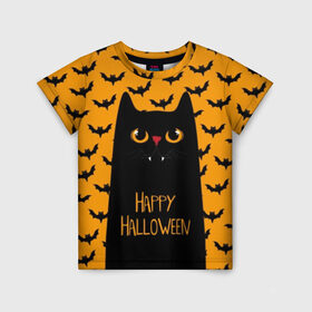 Детская футболка 3D с принтом Happy Halloween в Тюмени, 100% гипоаллергенный полиэфир | прямой крой, круглый вырез горловины, длина до линии бедер, чуть спущенное плечо, ткань немного тянется | Тематика изображения на принте: autumn | bat | black | cat | eyes | fangs | halloween | holiday | horror | horrors | mouse | yellow | глаза | желтый | жуть | клыки | кот | летучая | мышь | осень | праздник | ужасы | хэллоуин | черный