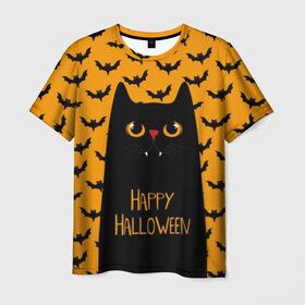 Мужская футболка 3D с принтом Happy Halloween в Тюмени, 100% полиэфир | прямой крой, круглый вырез горловины, длина до линии бедер | autumn | bat | black | cat | eyes | fangs | halloween | holiday | horror | horrors | mouse | yellow | глаза | желтый | жуть | клыки | кот | летучая | мышь | осень | праздник | ужасы | хэллоуин | черный