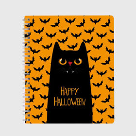 Тетрадь с принтом Happy Halloween в Тюмени, 100% бумага | 48 листов, плотность листов — 60 г/м2, плотность картонной обложки — 250 г/м2. Листы скреплены сбоку удобной пружинной спиралью. Уголки страниц и обложки скругленные. Цвет линий — светло-серый
 | Тематика изображения на принте: autumn | bat | black | cat | eyes | fangs | halloween | holiday | horror | horrors | mouse | yellow | глаза | желтый | жуть | клыки | кот | летучая | мышь | осень | праздник | ужасы | хэллоуин | черный