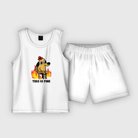 Детская пижама с шортами хлопок с принтом This Is Fine в Тюмени,  |  | взгляд | все в порядке | мем | мемасик | надпись | неловкость | огонище | огонь | пес | пожар | порядок | собака | щенок | я в порядке