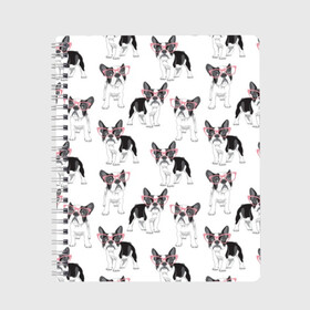 Тетрадь с принтом Французские бульдоги в очках в Тюмени, 100% бумага | 48 листов, плотность листов — 60 г/м2, плотность картонной обложки — 250 г/м2. Листы скреплены сбоку удобной пружинной спиралью. Уголки страниц и обложки скругленные. Цвет линий — светло-серый
 | Тематика изображения на принте: black | breed | cool | cute | dog | french bulldog | pink | puppy | white | белый | мило | очки | пёс | порода | прикольный | псина | розовый | собака | французский бульдог | черный | щенок