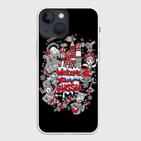 Чехол для iPhone 13 mini с принтом Welcome to Russia в Тюмени,  |  | balalaika | bear | black | blue | flag | girl | kremlin | matryoshka | moscow | red | russia | text | white | балалайка | белый | гармонь | девушка | добро | кокошник | красная площадь | красный | кремль | мегаполис | медведь | москва | пожалова