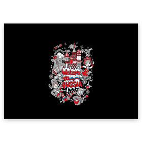 Поздравительная открытка с принтом Welcome to Russia в Тюмени, 100% бумага | плотность бумаги 280 г/м2, матовая, на обратной стороне линовка и место для марки
 | balalaika | bear | black | blue | flag | girl | kremlin | matryoshka | moscow | red | russia | text | white | балалайка | белый | гармонь | девушка | добро | кокошник | красная площадь | красный | кремль | мегаполис | медведь | москва | пожалова