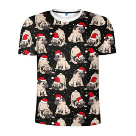 Мужская футболка 3D спортивная с принтом Новогодние мопсы в Тюмени, 100% полиэстер с улучшенными характеристиками | приталенный силуэт, круглая горловина, широкие плечи, сужается к линии бедра | Тематика изображения на принте: black | christmas | cute | dog | funny | hat | new year | pug | puppy | red | snow | white | winter | белый | зима | красный | мило | мопс | новогодний | новый год | пёс | прикольно | рождество | снег | собака | собакен | чёрный | шапка | щенок