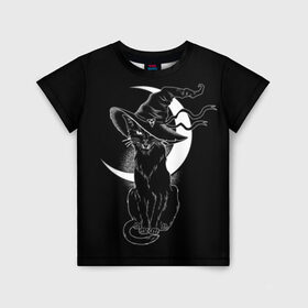 Детская футболка 3D с принтом Кошка колдунья в Тюмени, 100% гипоаллергенный полиэфир | прямой крой, круглый вырез горловины, длина до линии бедер, чуть спущенное плечо, ткань немного тянется | Тематика изображения на принте: black | cat | cl | crescent | fangs | halloween | hat | holiday | hunter | kitty | magic | month | moon | mystic | night | predator | white | witch | белый | ведьма | киса | клыки | когти | колдовство | кот | котэ | кошка | луна | магия | месяц | мистика 