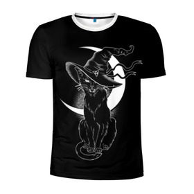 Мужская футболка 3D спортивная с принтом Кошка колдунья в Тюмени, 100% полиэстер с улучшенными характеристиками | приталенный силуэт, круглая горловина, широкие плечи, сужается к линии бедра | black | cat | cl | crescent | fangs | halloween | hat | holiday | hunter | kitty | magic | month | moon | mystic | night | predator | white | witch | белый | ведьма | киса | клыки | когти | колдовство | кот | котэ | кошка | луна | магия | месяц | мистика 