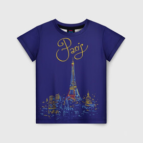 Детская футболка 3D с принтом Париж в Тюмени, 100% гипоаллергенный полиэфир | прямой крой, круглый вырез горловины, длина до линии бедер, чуть спущенное плечо, ткань немного тянется | blue | drawing | eiffel tower | france | paris | romance | yellow | желтый | париж | рисунок | романтика | синий | франция | эйфелева башня