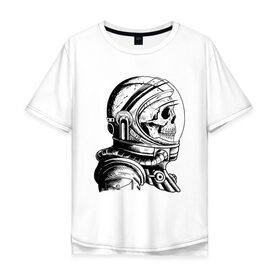 Мужская футболка хлопок Oversize с принтом Скелет астронавт в Тюмени, 100% хлопок | свободный крой, круглый ворот, “спинка” длиннее передней части | Тематика изображения на принте: арт | астронавт | космос | линии | скафандр | скелет | скетч | черно белый