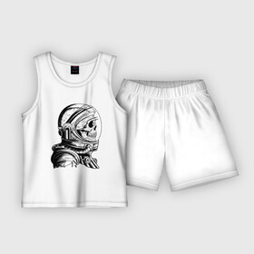 Детская пижама с шортами хлопок с принтом Скелет астронавт в Тюмени,  |  | арт | астронавт | космос | линии | скафандр | скелет | скетч | черно белый