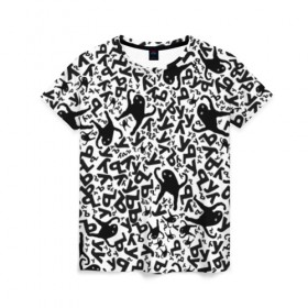Женская футболка 3D с принтом ЪУЪ в Тюмени, 100% полиэфир ( синтетическое хлопкоподобное полотно) | прямой крой, круглый вырез горловины, длина до линии бедер | белый | буквы | кот | кошка | мем | паттерн | узор | уъу | черный