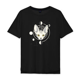 Мужская футболка хлопок Oversize с принтом Кот с Лунами в Тюмени, 100% хлопок | свободный крой, круглый ворот, “спинка” длиннее передней части | Тематика изображения на принте: астрология | астрономия | космос | кот | котики | коты | луна | луны | сфинкс