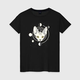Женская футболка хлопок с принтом Кот с Лунами в Тюмени, 100% хлопок | прямой крой, круглый вырез горловины, длина до линии бедер, слегка спущенное плечо | астрология | астрономия | космос | кот | котики | коты | луна | луны | сфинкс