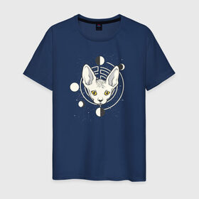 Мужская футболка хлопок с принтом Кот с Лунами в Тюмени, 100% хлопок | прямой крой, круглый вырез горловины, длина до линии бедер, слегка спущенное плечо. | астрология | астрономия | космос | кот | котики | коты | луна | луны | сфинкс