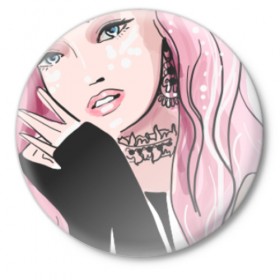 Значок с принтом Очаровательная милая девушка с розовыми волосами в Тюмени,  металл | круглая форма, металлическая застежка в виде булавки | блестками | волосами | восхитительная | девушка | иллюстрация | красивая | мечтательная | милая | рисунок | розовый | розовыми | руки | украшения | украшениями | фэшн