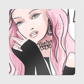 Магнит виниловый Квадрат с принтом Очаровательная милая девушка с розовыми волосами в Тюмени, полимерный материал с магнитным слоем | размер 9*9 см, закругленные углы | блестками | волосами | восхитительная | девушка | иллюстрация | красивая | мечтательная | милая | рисунок | розовый | розовыми | руки | украшения | украшениями | фэшн
