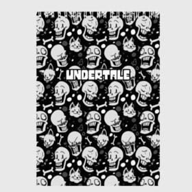 Скетчбук с принтом UNDERTALE в Тюмени, 100% бумага
 | 48 листов, плотность листов — 100 г/м2, плотность картонной обложки — 250 г/м2. Листы скреплены сверху удобной пружинной спиралью | game | undertale | азриэль дримурр | альфис | андайн | андертейл | асгор дримурр | добро | дьявол | зло | игра | игры | кости | меттатон | папирус | санс | стрела | ториэль | трезубец | фриск | чара | черный