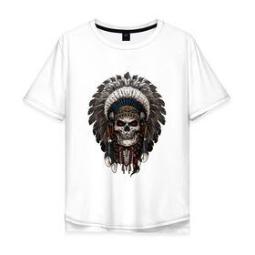 Мужская футболка хлопок Oversize с принтом Череп индеец в Тюмени, 100% хлопок | свободный крой, круглый ворот, “спинка” длиннее передней части | америка | воин | иллюстрация | индеец | нативный американец | перья | череп