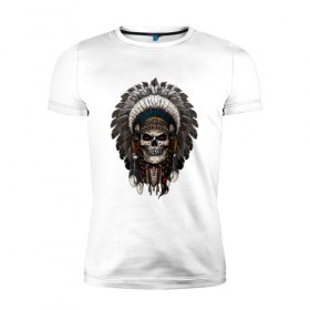 Мужская футболка премиум с принтом Череп индеец в Тюмени, 92% хлопок, 8% лайкра | приталенный силуэт, круглый вырез ворота, длина до линии бедра, короткий рукав | америка | воин | иллюстрация | индеец | нативный американец | перья | череп