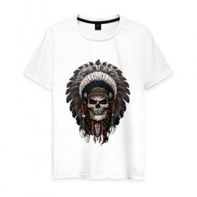Мужская футболка хлопок с принтом Череп индеец в Тюмени, 100% хлопок | прямой крой, круглый вырез горловины, длина до линии бедер, слегка спущенное плечо. | америка | воин | иллюстрация | индеец | нативный американец | перья | череп