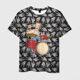 Мужская футболка 3D с принтом Барабанщик в Тюмени, 100% полиэфир | прямой крой, круглый вырез горловины, длина до линии бедер | Тематика изображения на принте: punk | rock | коза | металл | музыка | музыкант | неформал | неформальная | пальцы | панк | панки | рок | тяжелая