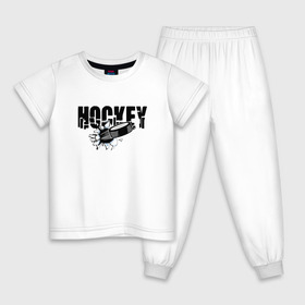 Детская пижама хлопок с принтом Hockey в Тюмени, 100% хлопок |  брюки и футболка прямого кроя, без карманов, на брюках мягкая резинка на поясе и по низу штанин
 | бросок | вратарь | канада | клюшка | лед | надпись | нападающий | россия | спорт | удар | хоккеист | хоккей | шайба | я люблю хоккей