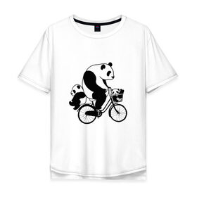 Мужская футболка хлопок Oversize с принтом Панда на велике в Тюмени, 100% хлопок | свободный крой, круглый ворот, “спинка” длиннее передней части | Тематика изображения на принте: велосипед | детеныши панды | животные | медведи | панда | панда катается | панда на велике | три панды | черно белые