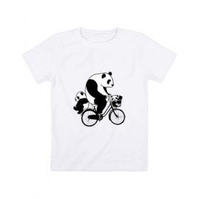 Детская футболка хлопок с принтом Панда на велике в Тюмени, 100% хлопок | круглый вырез горловины, полуприлегающий силуэт, длина до линии бедер | Тематика изображения на принте: велосипед | детеныши панды | животные | медведи | панда | панда катается | панда на велике | три панды | черно белые
