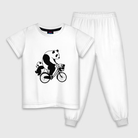 Детская пижама хлопок с принтом Панда на велике в Тюмени, 100% хлопок |  брюки и футболка прямого кроя, без карманов, на брюках мягкая резинка на поясе и по низу штанин
 | Тематика изображения на принте: велосипед | детеныши панды | животные | медведи | панда | панда катается | панда на велике | три панды | черно белые
