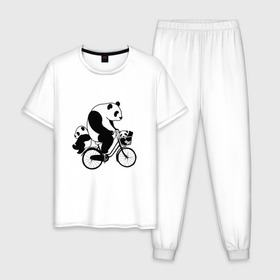Мужская пижама хлопок с принтом Панда на велике в Тюмени, 100% хлопок | брюки и футболка прямого кроя, без карманов, на брюках мягкая резинка на поясе и по низу штанин
 | Тематика изображения на принте: велосипед | детеныши панды | животные | медведи | панда | панда катается | панда на велике | три панды | черно белые
