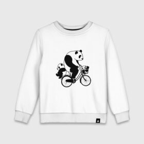 Детский свитшот хлопок с принтом Панда на велике в Тюмени, 100% хлопок | круглый вырез горловины, эластичные манжеты, пояс и воротник | велосипед | детеныши панды | животные | медведи | панда | панда катается | панда на велике | три панды | черно белые