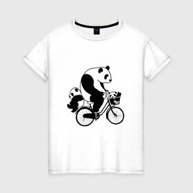 Женская футболка хлопок с принтом Панда на велике в Тюмени, 100% хлопок | прямой крой, круглый вырез горловины, длина до линии бедер, слегка спущенное плечо | Тематика изображения на принте: велосипед | детеныши панды | животные | медведи | панда | панда катается | панда на велике | три панды | черно белые