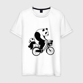 Мужская футболка хлопок с принтом Панда на велике в Тюмени, 100% хлопок | прямой крой, круглый вырез горловины, длина до линии бедер, слегка спущенное плечо. | Тематика изображения на принте: велосипед | детеныши панды | животные | медведи | панда | панда катается | панда на велике | три панды | черно белые