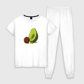 Женская пижама хлопок с принтом Avocado R.I.P. в Тюмени, 100% хлопок | брюки и футболка прямого кроя, без карманов, на брюках мягкая резинка на поясе и по низу штанин | Тематика изображения на принте: авокадо | арт | веган | вегетарианец | вкусняшка | еда | жиры | зеленый | зож | косточка | милый | овощи | пп | фрукты | юмор