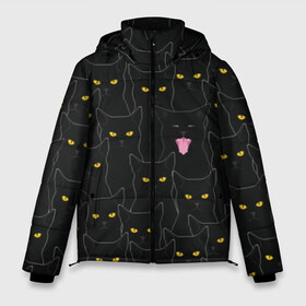 Мужская зимняя куртка 3D с принтом Чёрные коты в Тюмени, верх — 100% полиэстер; подкладка — 100% полиэстер; утеплитель — 100% полиэстер | длина ниже бедра, свободный силуэт Оверсайз. Есть воротник-стойка, отстегивающийся капюшон и ветрозащитная планка. 

Боковые карманы с листочкой на кнопках и внутренний карман на молнии. | black | cat | eyes | halloween | kitten | look | magic | muzzle | mysticism | witch | witchcraft | yellow | ведьма | взгляд | глаза | желтый | колдовство | кот | котёнок | котик | кошачья | магия | мистика | хэллоуин | черный