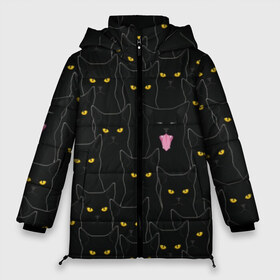Женская зимняя куртка 3D с принтом Чёрные коты в Тюмени, верх — 100% полиэстер; подкладка — 100% полиэстер; утеплитель — 100% полиэстер | длина ниже бедра, силуэт Оверсайз. Есть воротник-стойка, отстегивающийся капюшон и ветрозащитная планка. 

Боковые карманы с листочкой на кнопках и внутренний карман на молнии | black | cat | eyes | halloween | kitten | look | magic | muzzle | mysticism | witch | witchcraft | yellow | ведьма | взгляд | глаза | желтый | колдовство | кот | котёнок | котик | кошачья | магия | мистика | хэллоуин | черный
