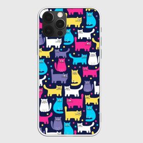 Чехол для iPhone 12 Pro Max с принтом Разноцветные котики в Тюмени, Силикон |  | Тематика изображения на принте: blue | cat | colorful | cool | dots | kitten | paws | pink | tail | torso | white | yellow | белый | желтый | кот | котёнок | котик | котэ | кошка | лапы | прикольный | разноцветный | розовый | синий | точки | туловище | хвост