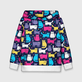 Детская толстовка 3D с принтом Разноцветные котики в Тюмени, 100% полиэстер | двухслойный капюшон со шнурком для регулировки, мягкие манжеты на рукавах и по низу толстовки, спереди карман-кенгуру с мягким внутренним слоем | Тематика изображения на принте: blue | cat | colorful | cool | dots | kitten | paws | pink | tail | torso | white | yellow | белый | желтый | кот | котёнок | котик | котэ | кошка | лапы | прикольный | разноцветный | розовый | синий | точки | туловище | хвост