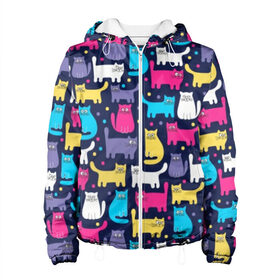 Женская куртка 3D с принтом Разноцветные котики в Тюмени, ткань верха — 100% полиэстер, подклад — флис | прямой крой, подол и капюшон оформлены резинкой с фиксаторами, два кармана без застежек по бокам, один большой потайной карман на груди. Карман на груди застегивается на липучку | blue | cat | colorful | cool | dots | kitten | paws | pink | tail | torso | white | yellow | белый | желтый | кот | котёнок | котик | котэ | кошка | лапы | прикольный | разноцветный | розовый | синий | точки | туловище | хвост