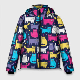 Мужская зимняя куртка 3D с принтом Разноцветные котики в Тюмени, верх — 100% полиэстер; подкладка — 100% полиэстер; утеплитель — 100% полиэстер | длина ниже бедра, свободный силуэт Оверсайз. Есть воротник-стойка, отстегивающийся капюшон и ветрозащитная планка. 

Боковые карманы с листочкой на кнопках и внутренний карман на молнии. | Тематика изображения на принте: blue | cat | colorful | cool | dots | kitten | paws | pink | tail | torso | white | yellow | белый | желтый | кот | котёнок | котик | котэ | кошка | лапы | прикольный | разноцветный | розовый | синий | точки | туловище | хвост