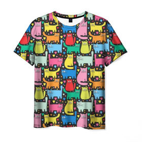 Мужская футболка 3D с принтом Разноцветные котики в Тюмени, 100% полиэфир | прямой крой, круглый вырез горловины, длина до линии бедер | Тематика изображения на принте: blue | cat | cool | green | heart | kitten | multi colored | paws | pink | points | red | tail | torso | white | yellow | белый | желтый | зеленый | кот | котёнок | котик | котэ | кошка | красный | лапы | прикольный | разноцветный | розовый | се