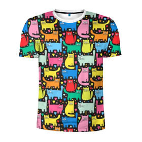 Мужская футболка 3D спортивная с принтом Разноцветные котики в Тюмени, 100% полиэстер с улучшенными характеристиками | приталенный силуэт, круглая горловина, широкие плечи, сужается к линии бедра | blue | cat | cool | green | heart | kitten | multi colored | paws | pink | points | red | tail | torso | white | yellow | белый | желтый | зеленый | кот | котёнок | котик | котэ | кошка | красный | лапы | прикольный | разноцветный | розовый | се