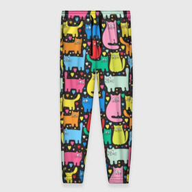 Женские брюки 3D с принтом Разноцветные котики в Тюмени, полиэстер 100% | прямой крой, два кармана без застежек по бокам, с мягкой трикотажной резинкой на поясе и по низу штанин. В поясе для дополнительного комфорта — широкие завязки | blue | cat | cool | green | heart | kitten | multi colored | paws | pink | points | red | tail | torso | white | yellow | белый | желтый | зеленый | кот | котёнок | котик | котэ | кошка | красный | лапы | прикольный | разноцветный | розовый | се
