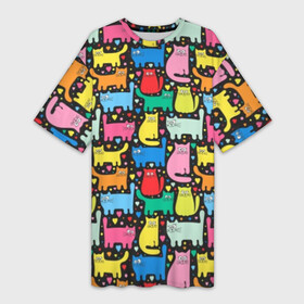 Платье-футболка 3D с принтом Разноцветные котики в Тюмени,  |  | blue | cat | cool | green | heart | kitten | multi colored | paws | pink | points | red | tail | torso | white | yellow | белый | желтый | зеленый | кот | котёнок | котик | котэ | кошка | красный | лапы | прикольный | разноцветный | розовый | се