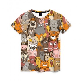 Женская футболка 3D с принтом Прикольные зверушки в Тюмени, 100% полиэфир ( синтетическое хлопкоподобное полотно) | прямой крой, круглый вырез горловины, длина до линии бедер | bear | cat | dinosaur | dog | elephant | giraffe | monkey | owl | panda | penguin | pig | tiger | баран | бегемот | белка | динозавр | животное | жираф | заяц | звери | зверушки | кот | лев | лиса | лошадь | медведь | олень | осел | панда | петух