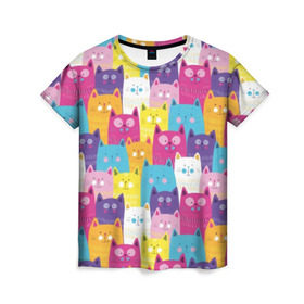 Женская футболка 3D с принтом Разноцветные котики в Тюмени, 100% полиэфир ( синтетическое хлопкоподобное полотно) | прямой крой, круглый вырез горловины, длина до линии бедер | blue | cat | colorful | cool | cute | funny | kitten | orange | paws | pink | purple | smile | tail | torso | white | yellow | белый | желтый | забавный | кот | котёнок | котик | котэ | кошка | лапы | милый | оранжевый | прикольный | разноцветны