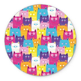 Коврик для мышки круглый с принтом Разноцветные котики в Тюмени, резина и полиэстер | круглая форма, изображение наносится на всю лицевую часть | Тематика изображения на принте: blue | cat | colorful | cool | cute | funny | kitten | orange | paws | pink | purple | smile | tail | torso | white | yellow | белый | желтый | забавный | кот | котёнок | котик | котэ | кошка | лапы | милый | оранжевый | прикольный | разноцветны